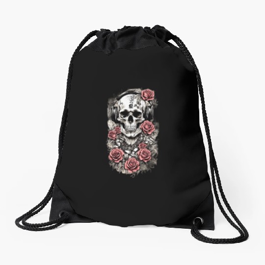 Rock & Roses Drawstring Bags: Skull, Roses & music nout