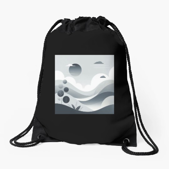 "Tranquil Monochrome Horizon" Drawstring Bags