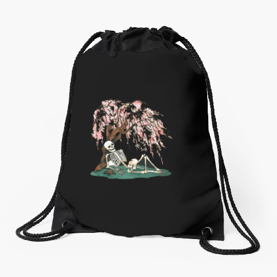 Skeleton in Repose Under a Cherry Blossom Tree Drawstring Bags