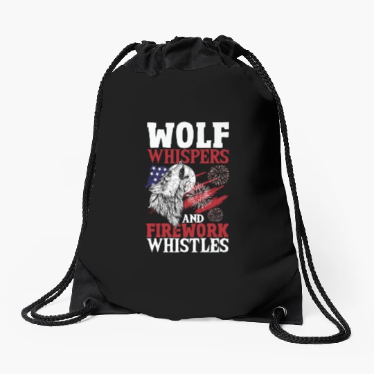 Howling Wolf White Stars Red Stripes American Drawstring Bags