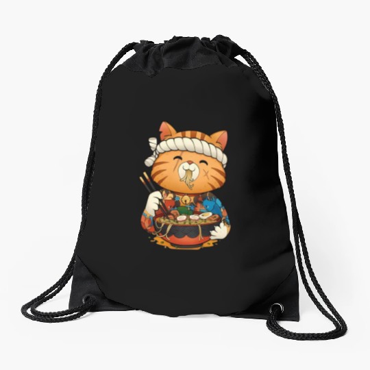 Cute anime cat eating ramen noodles Drawstring Bags