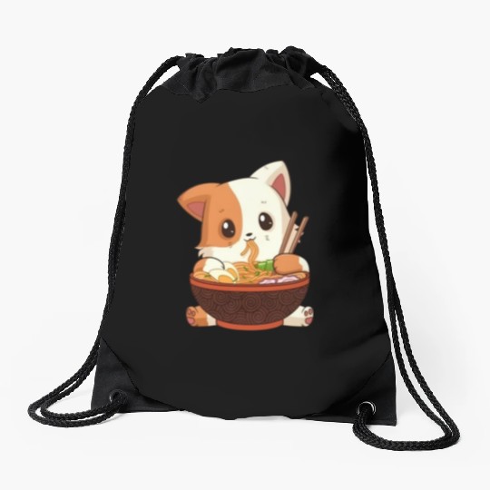 Cute anime cat eating ramen noodles Drawstring Bags