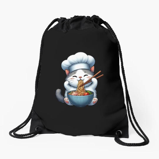 Kawaii Anime Whimsical Cat Japanese Ramen Noodles Drawstring Bags