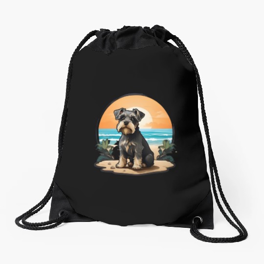 A miniature schnauzer dog in the beach Drawstring Bags