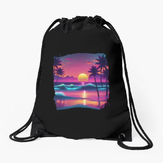 80s AI Airbrushed Beach Scene -Kids Drawstring Bags