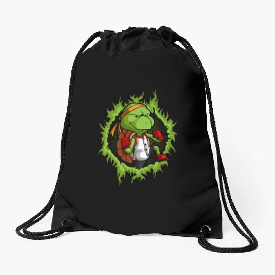 Kung Fu Turtle With Halftone Fire Background Drawstring Bags