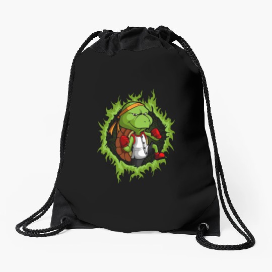 Kung Fu Turtle With Halftone Fire Background Drawstring Bags