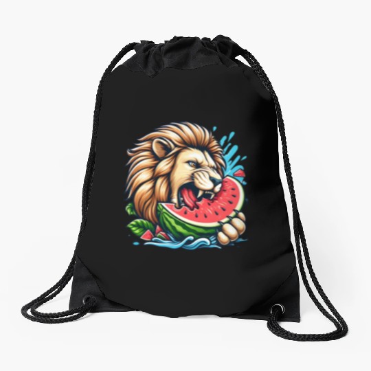 Lion Enjoying a Juicy Watermelon Drawstring Bags