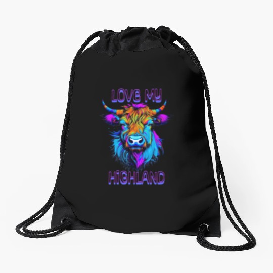 I Love My Highland | Psychedelic Cow Art Drawstring Bags