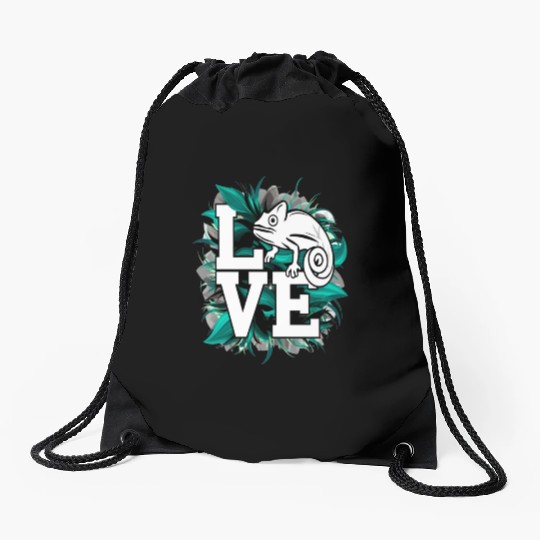 Chameleon Lizard Love Green Teal Text Design Drawstring Bags