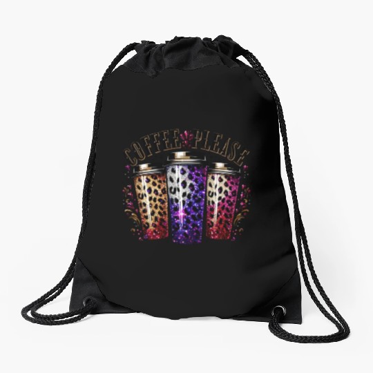 Coffee Please Leopard Cups by TrendLaunch Drawstring Bags