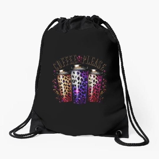 Coffee Please Leopard Cups by TrendLaunch Drawstring Bags