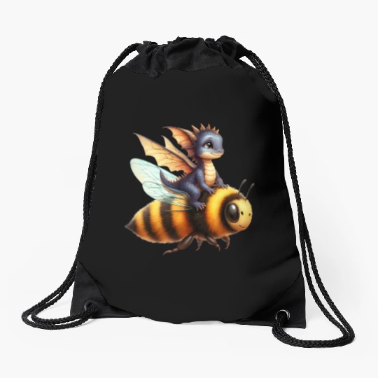 Fun Baby Dragon Riding a Bumble Bee Drawstring Bags