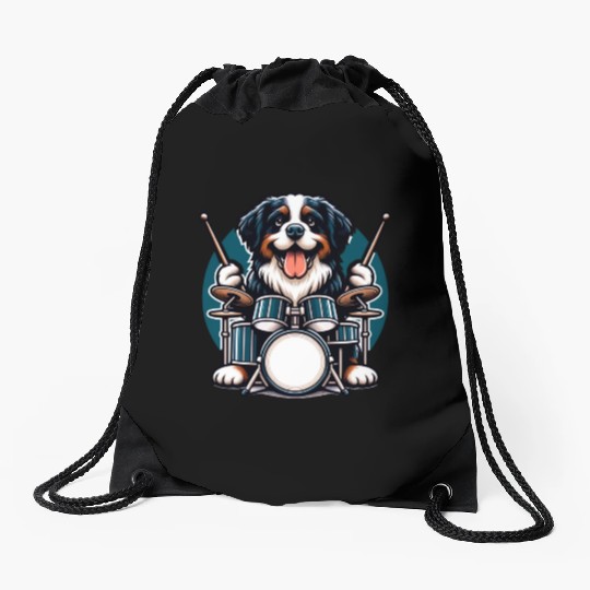 Cool Bernese Mountain Dog Drummer Design Drawstring Bags