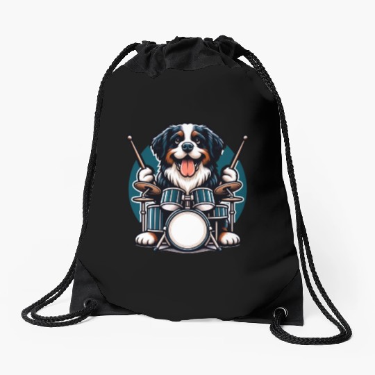 Cool Bernese Mountain Dog Drummer Design Drawstring Bags