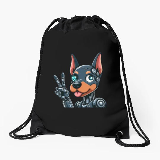 Cyborg Doberman Robot Dog Futuristic Design Drawstring Bags