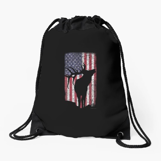 Elk Hunting Bugling Bull US Flag American Drawstring Bags