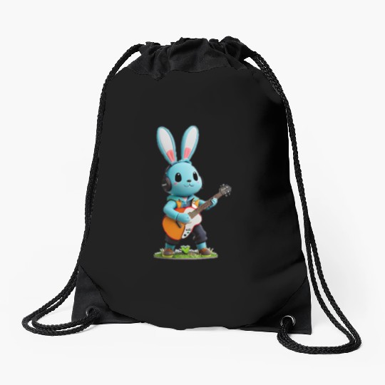 Rabbit playing guitar Drawstring Bags