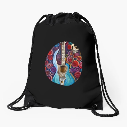 Blue Electric Guitar, Skull and Roses Drawstring Bags