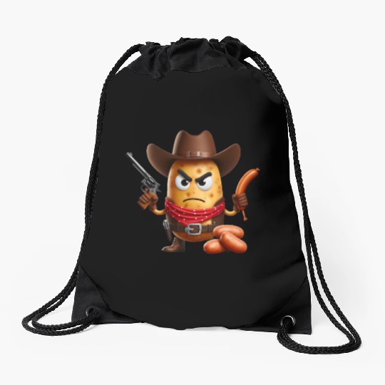Cowboy potato with sausage gun Drawstring Bags
