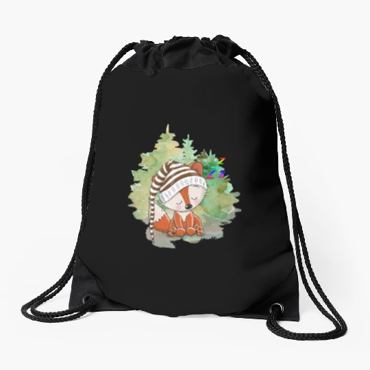 Pilot Fox Sitting On Grass With Tree Forest Drawstring Bags