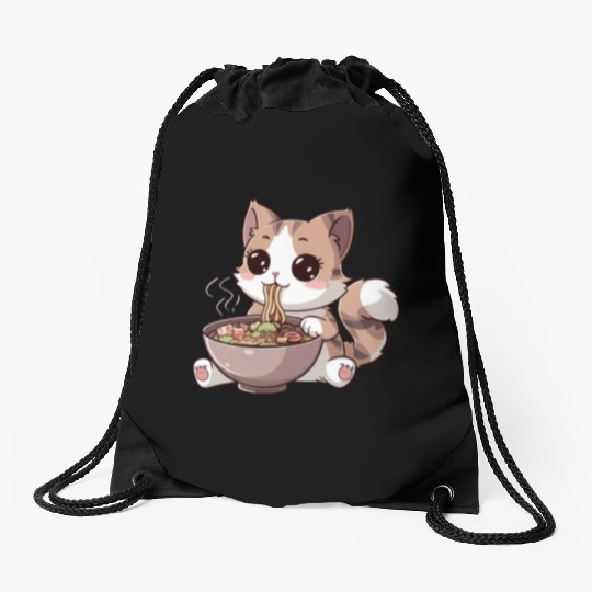 Kawaii Cat Eating Ramen Drawstring Bags
