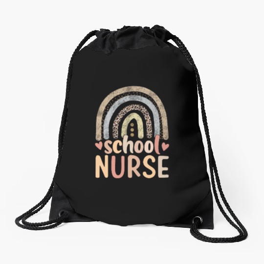 Rainbow Leopard Print School Nurse Back To School Drawstring Bags