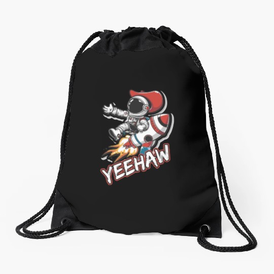 Space Cowboy Riding a Rocket with Yeehaw Slogan Drawstring Bags