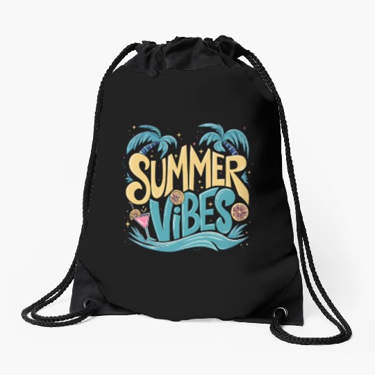 Summer Vibes Sun Vacation Palms Drawstring Bags