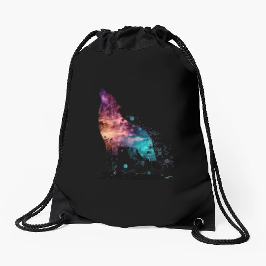 Wolf Print, Cosmic Wolves, Animal Print, Cosmos Drawstring Bags