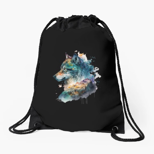 Wolf Print, Cosmic Wolves, Animal Print, Cosmos Drawstring Bags