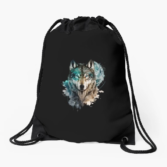 Wolf Print, Cosmic Wolves, Animal Print, Cosmos Drawstring Bags