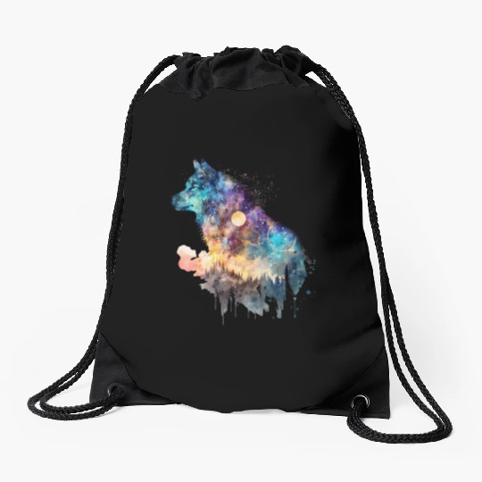 Wolf Print, Cosmic Wolves, Animal Print, Cosmos Drawstring Bags