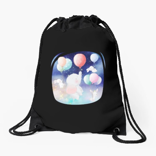 Elephant And Rabbit Flying To Space Using Balloon Drawstring Bags