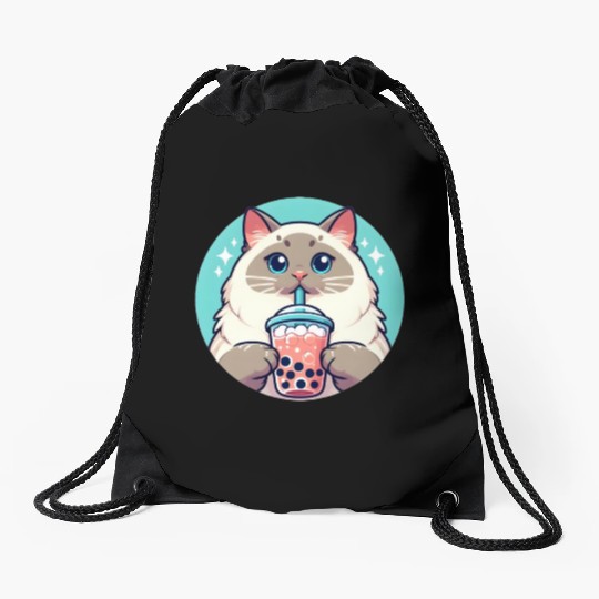 Siamese cat having bubble tea Drawstring Bags