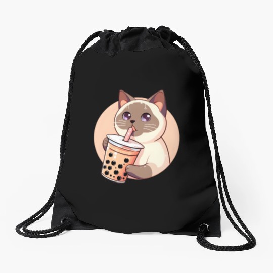 Siamese cat having bubble tea Drawstring Bags