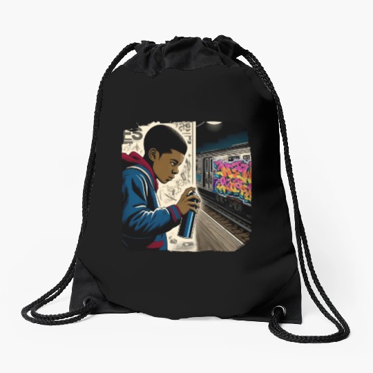 AI Teen in Underground Subway Layup -Masked Border Drawstring Bags