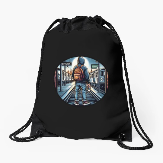 AI Teen in Outdoor Subway Yard - Circle Border Drawstring Bags