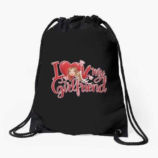 i love my girlfriend Drawstring Bags