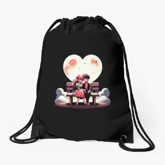Heart Moon Embrace Drawstring Bags