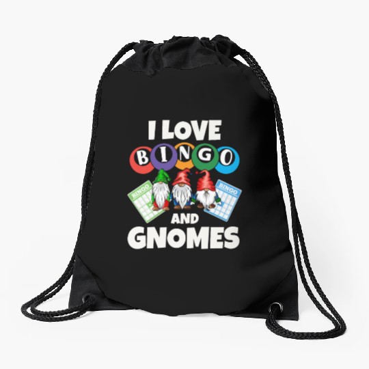 I love Bingo and gnomes funny Drawstring Bags