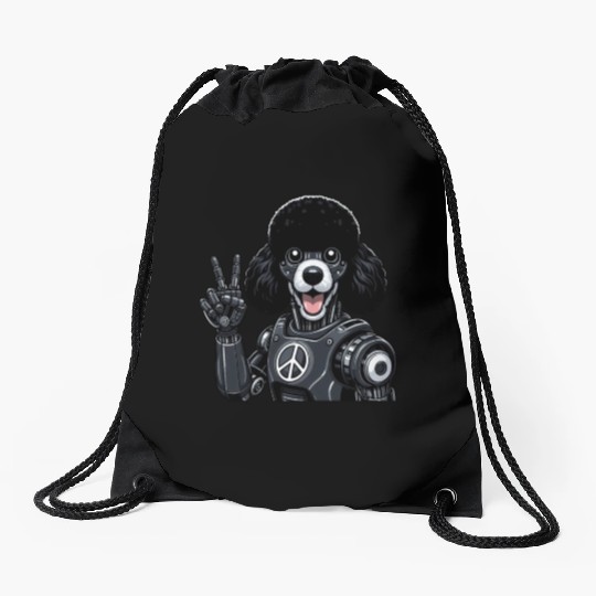 Cyborg Poodle with Peace Sign Robot Design Drawstring Bags
