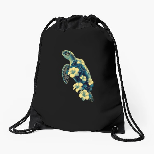 Nature Inspired Floral Sea Turtle with Tropical Fl Drawstring Bags