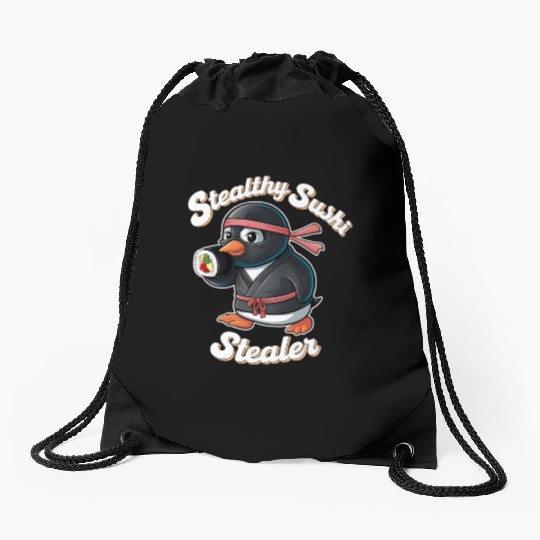 Ninja Penguin Stealing Sushi Drawstring Bags