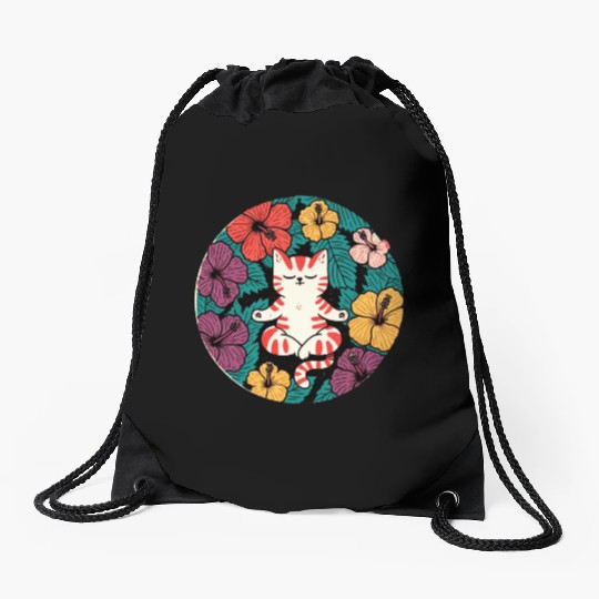Zen Hibiscus Cat Drawstring Bags