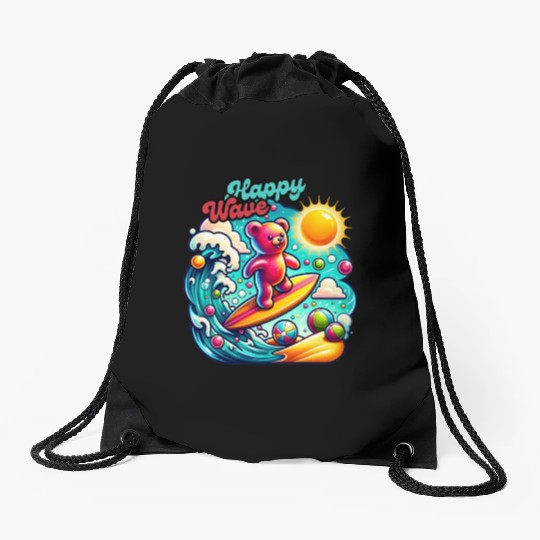 Happy Wave: Surfing Teddy Adventure Drawstring Bags