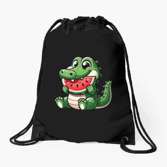Crocodile With Watermelon Fruity Cute Drawstring Bags