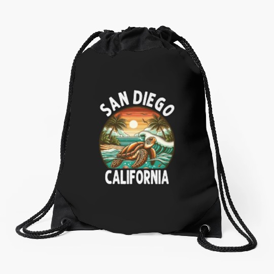 California Beach, San Diego Sea Turtle Beach Drawstring Bags