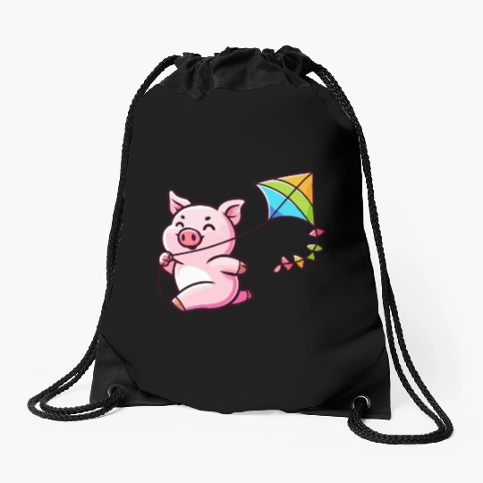 Playful Piglet: Kite-Flying Joy Drawstring Bags