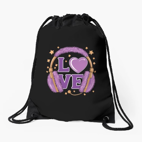 Purple Love Music Headphones with Stars and Heart Drawstring Bags